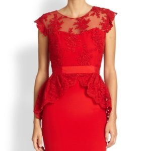 MARCHESA NOTTE red overlay lace peplum silk dress.